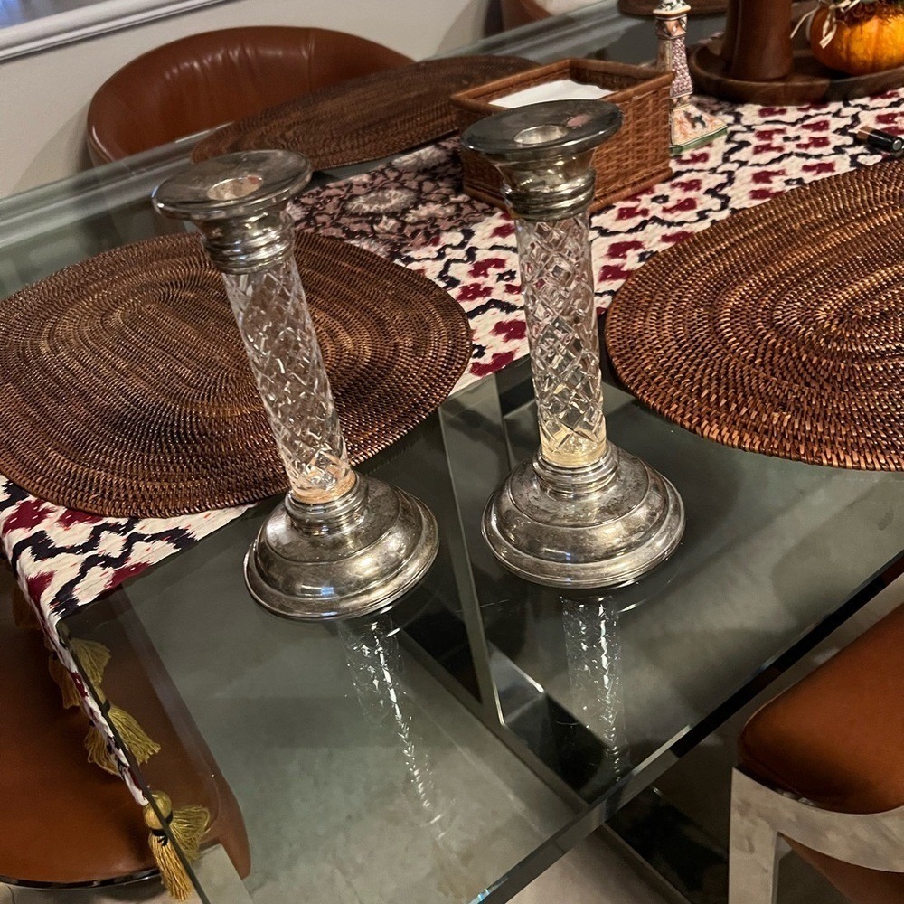 Vintage Crystal and Silver Plate  Metal Candlestick Holders Pair 10 Inch Tall